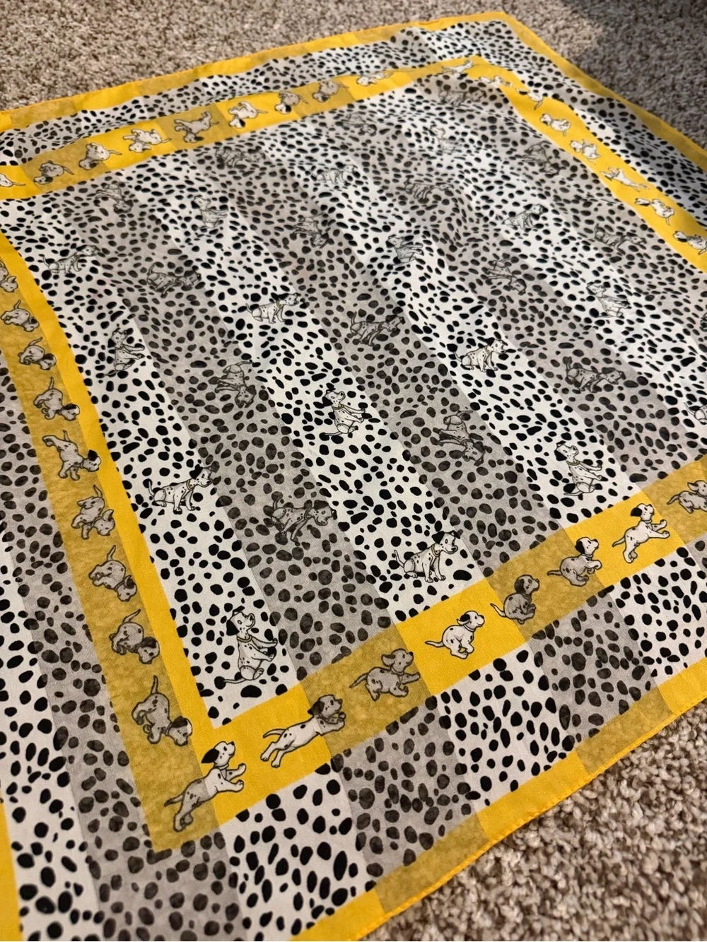 Yellow Border Polka Dot Scarf with Dalmatian Dog Motif
